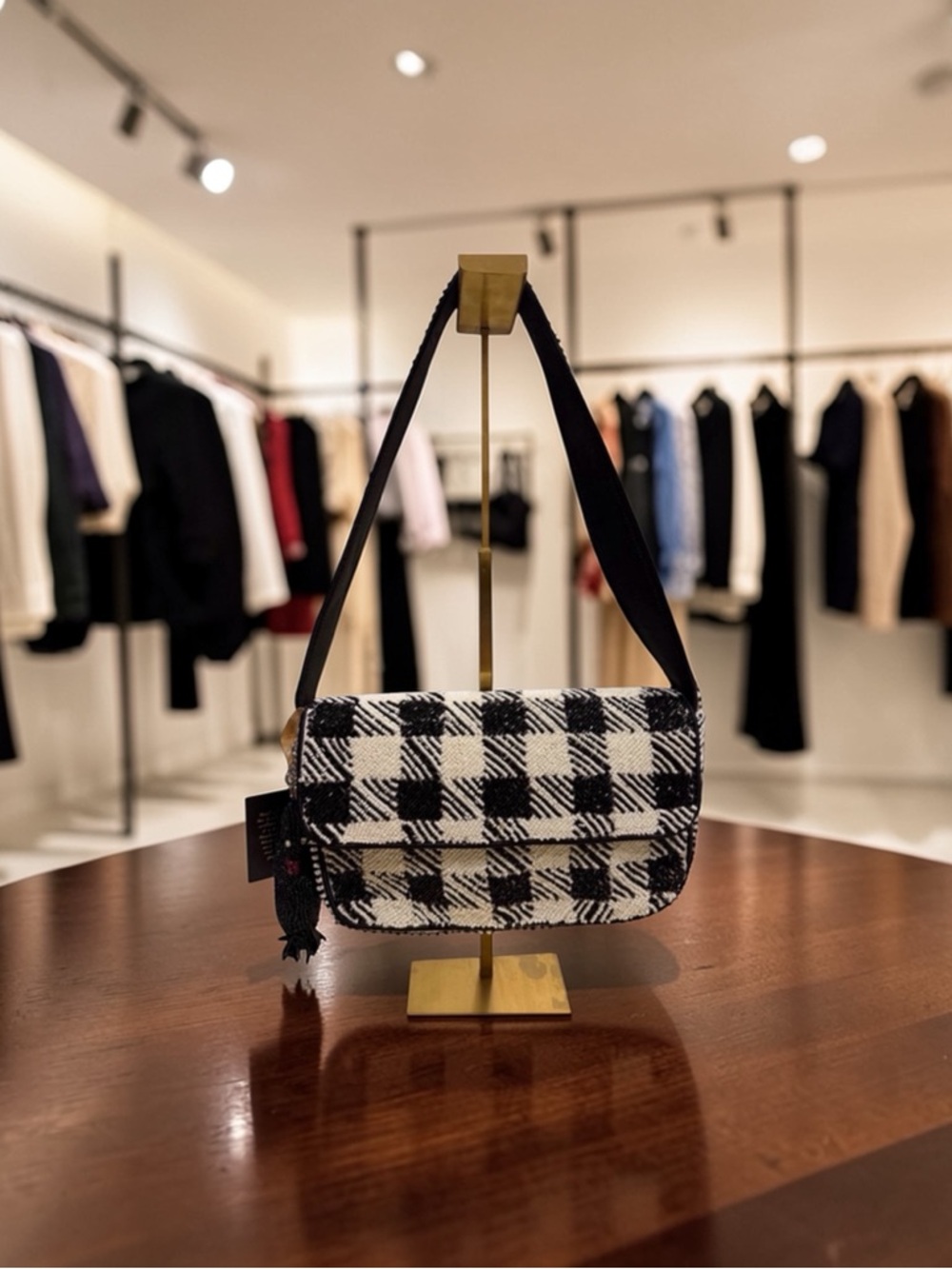 Beaded Black and White plaid shoulder bag with swan bag charm